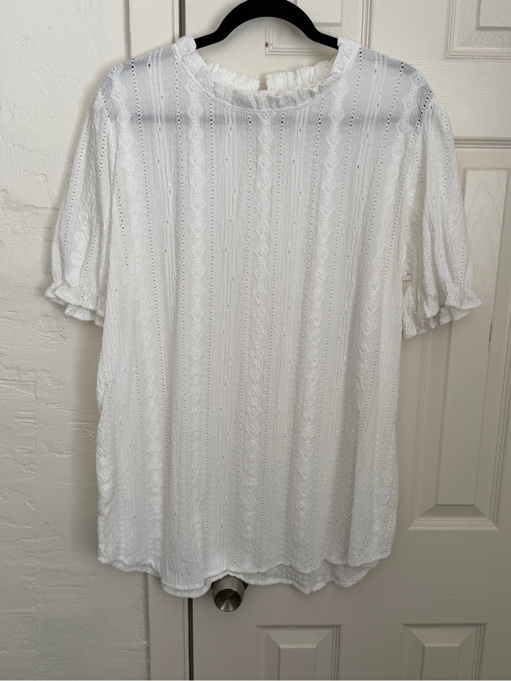7th Ray White Eyelet Ruffle-Neck Blouse - 2X